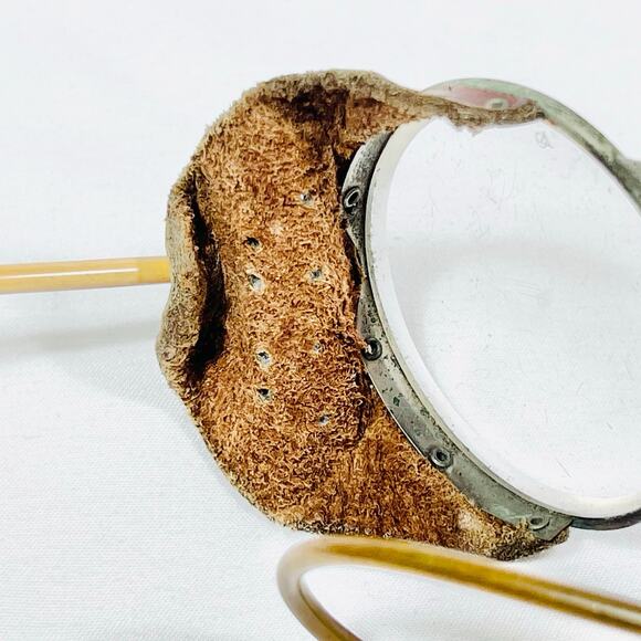 Antique Vintage Motorcycle Glasses W/ Side Leather Metal Wire Frame Round Lens - Picture 10 of 16